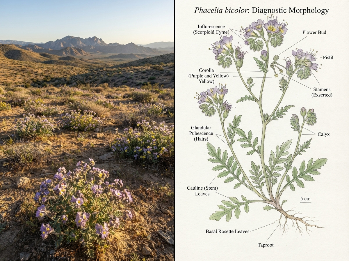 Phacelia bicolor native California habitat and labeled diagnostic morphology