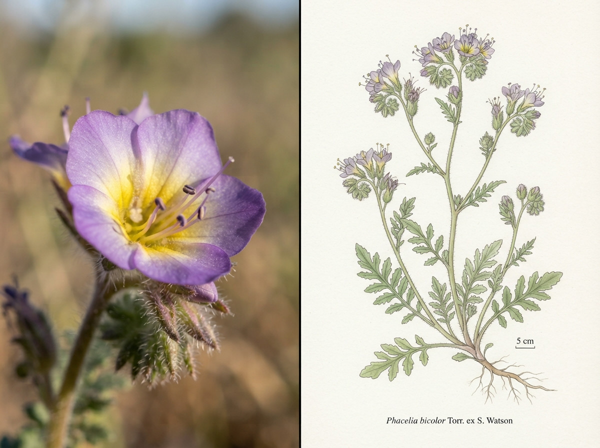 Phacelia bicolor macro photography and botanical plate illustration