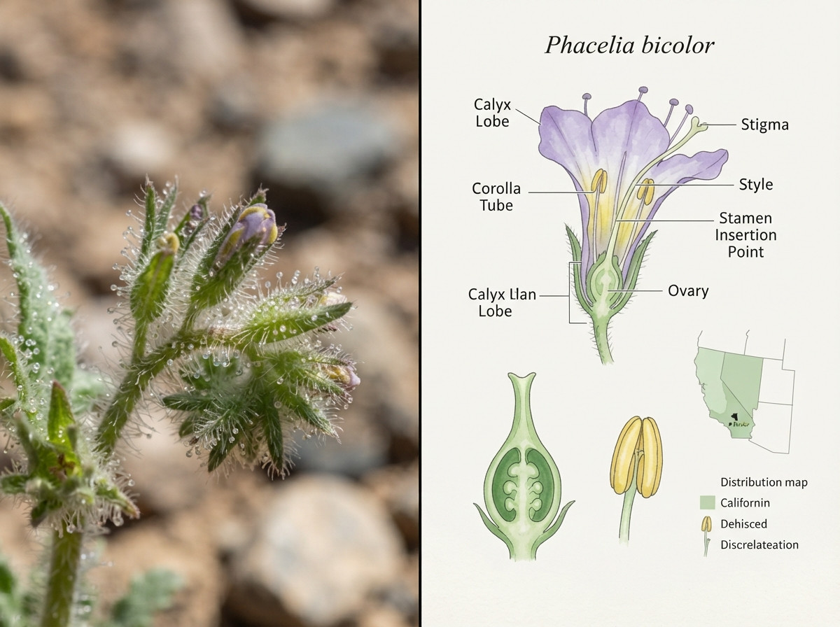 Phacelia bicolor stem pubescence micro-detail and floral dissection